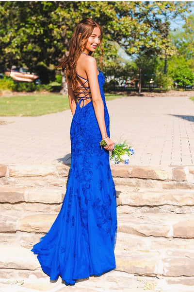 Straps Royal Blue Appliques Long Dress with Slit