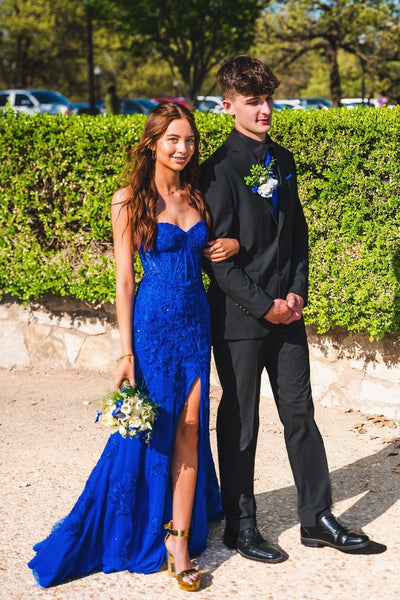 Straps Royal Blue Appliques Long Dress with Slit