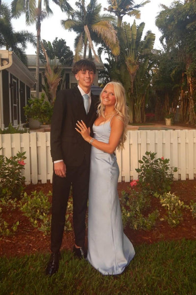 Straps Light Blue High Waist Satin Long Dress