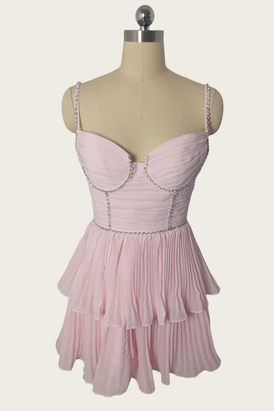 Straps Pink Beaded Tiered Chiffon Short Dress