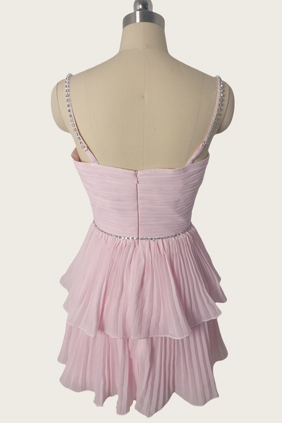 Straps Pink Beaded Tiered Chiffon Short Dress