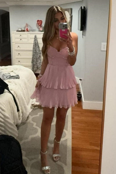 Straps Pink Beaded Tiered Chiffon Short Dress