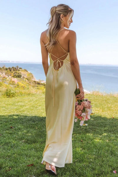 Stunning Sheath Spaghetti Straps Yellow Long Prom Dress With Criss Cross Back Formal Evening Gown