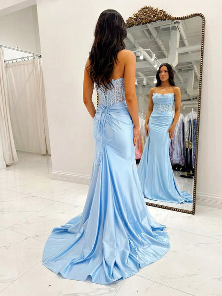 Stunning Baby Blue Satin Corset Prom Dress with Embellished Bow