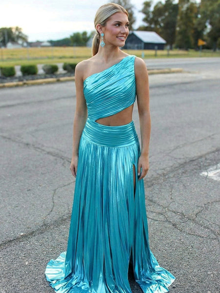Stunning Metallic Turquoise One-Shoulder Pleated Cutout Prom Dress VK26031512