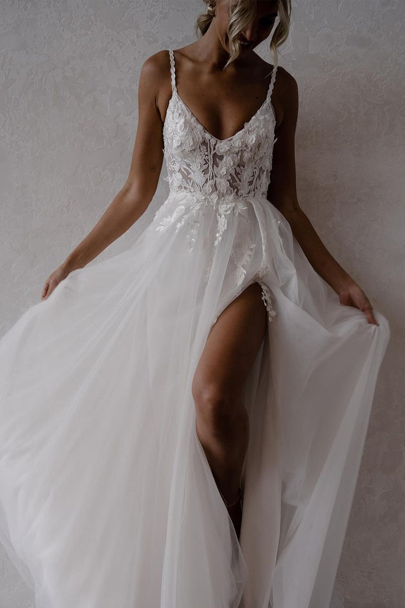 Stunning A-Line V Neck Tulle Boho Wedding Dresses with Slit Stunning A-Line V Neck Tulle Boho Wedding Dresses with Slit