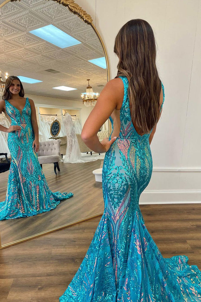 Blue V Neck Sequin Lace Mermaid Long Prom Dresses VK24012605 – Vickidress