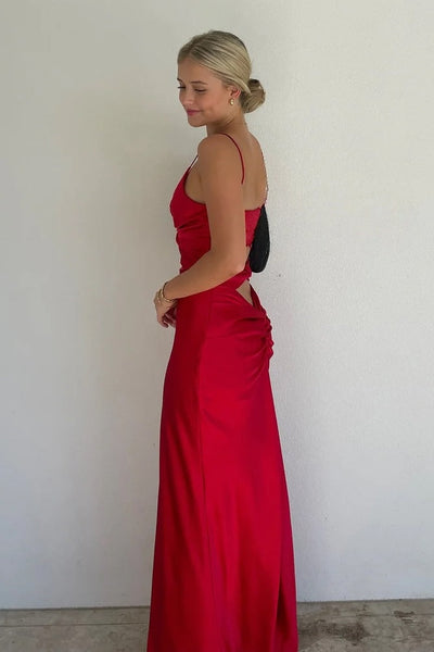 Stylish Sheath Spaghetti Straps Red Long Party Dress with Split Front Keyhole