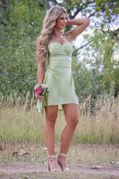 Sweetheart Sage Green Ruched A-line Short Dress