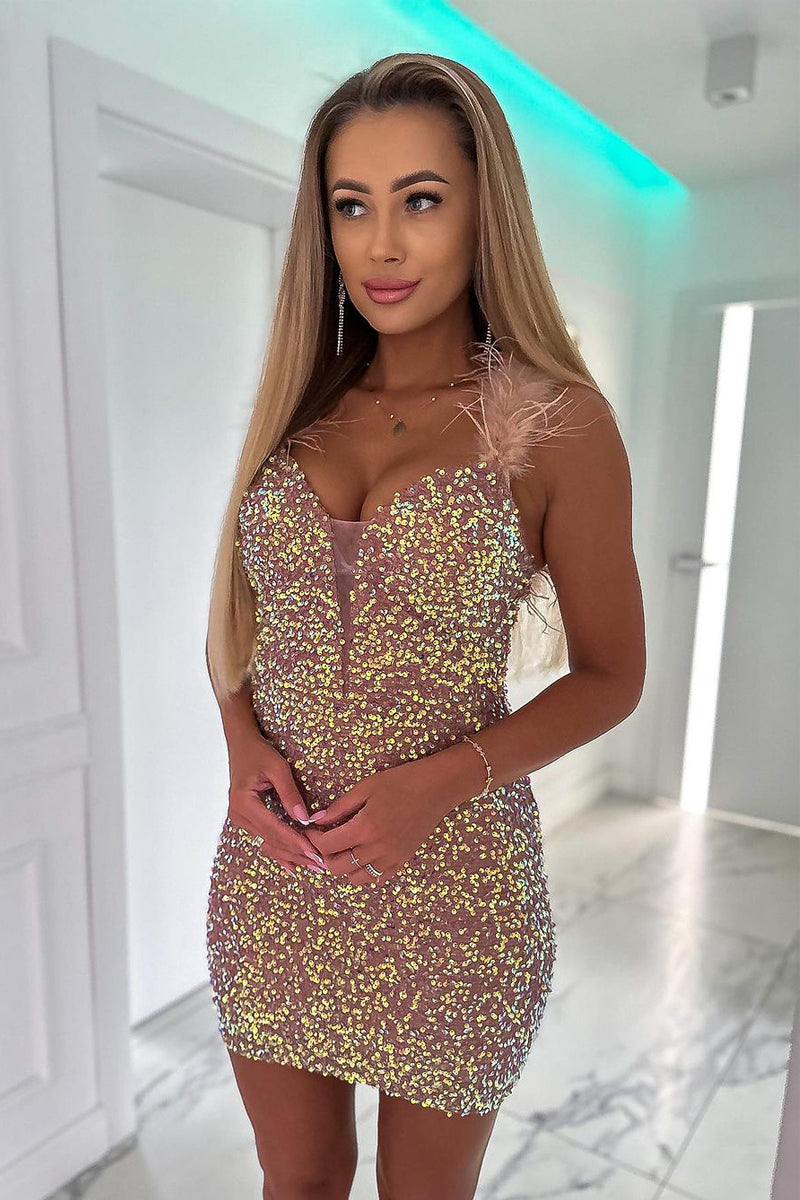 Blush Pink Sequin Tight Short Homecoming Dress with Feather VK23091105 –  Vickidress