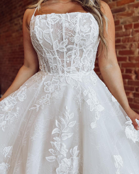 Glittery Tulle Lace Appliqued Wedding Dresses A Line Boho Bride Wedding Gowns