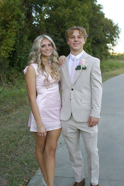 Tie Shoulder Light Pink Satin Short Dress