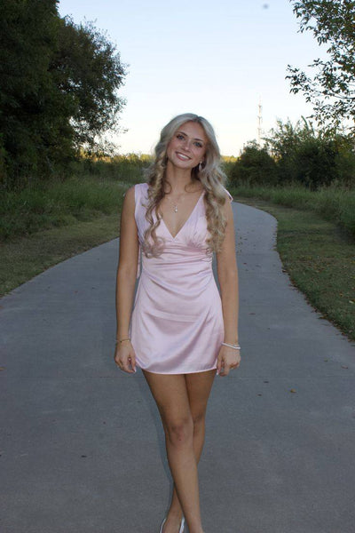 Tie Shoulder Light Pink Satin Short Dress