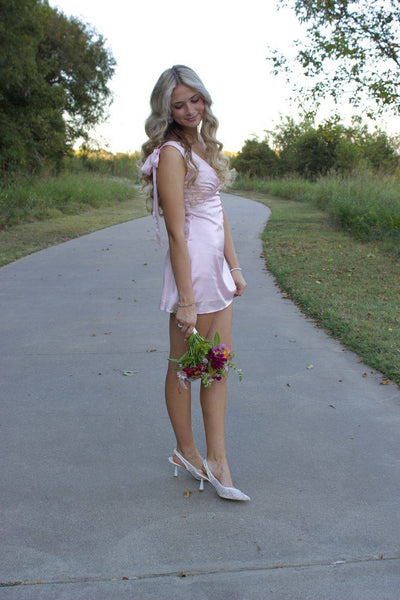 Tie Shoulder Light Pink Satin Short Dress