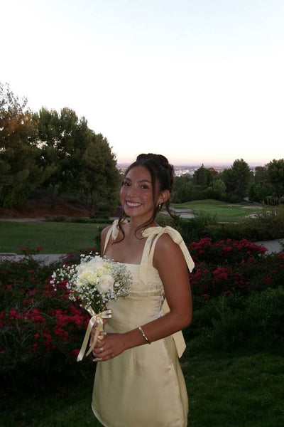Tie Shoulder Yellow Back Tie Short Dress