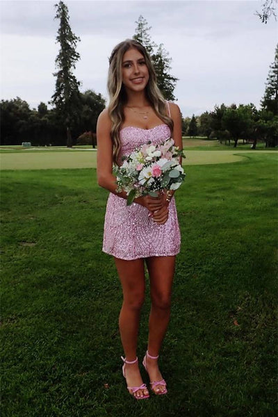 Tie Straps Pink Sequin A-line Short Dress