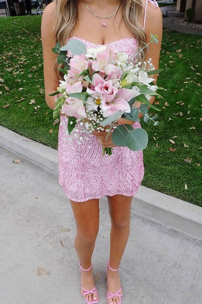 Tie Straps Pink Sequin A-line Short Dress