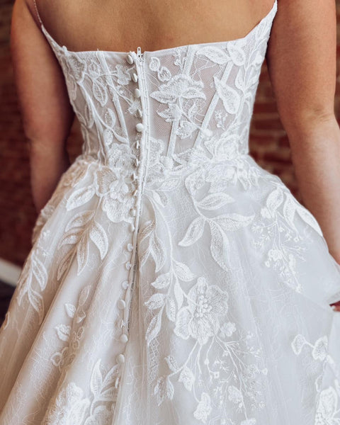 Glittery Tulle Lace Appliqued Wedding Dresses A Line Boho Bride Wedding Gowns