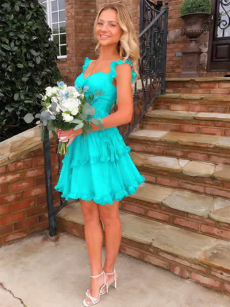 Sweetheart Ruffle Strap Tiered Chiffon Mini Homecoming Dress