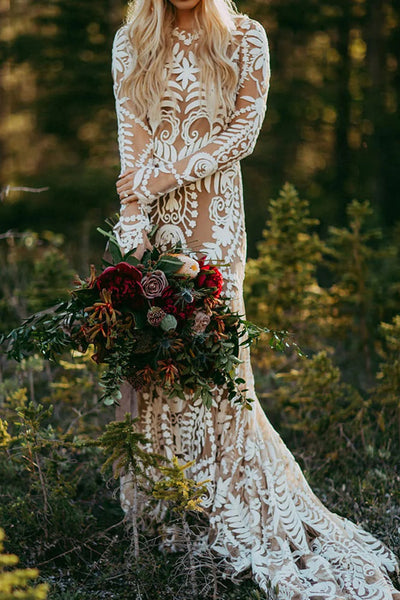 Unique Long Sleeves V Back Boho Beach Rustic Lace Wedding Dresses VK23090107-2