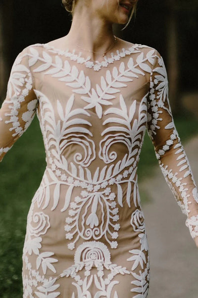 Unique Long Sleeves V Back Boho Beach Rustic Lace Wedding Dresses VK23090107-3