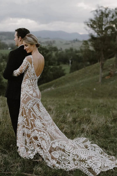 Unique Long Sleeves V Back Boho Beach Rustic Lace Wedding Dresses VK23090107-5