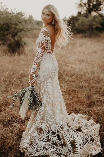 Unique Long Sleeves V Back Boho Beach Rustic Lace Wedding Dresses VK23090107-6