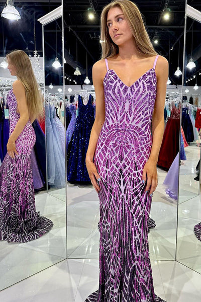 Unique Mermaid V Neck Purple Sequins Long Prom Dresses VK23101503