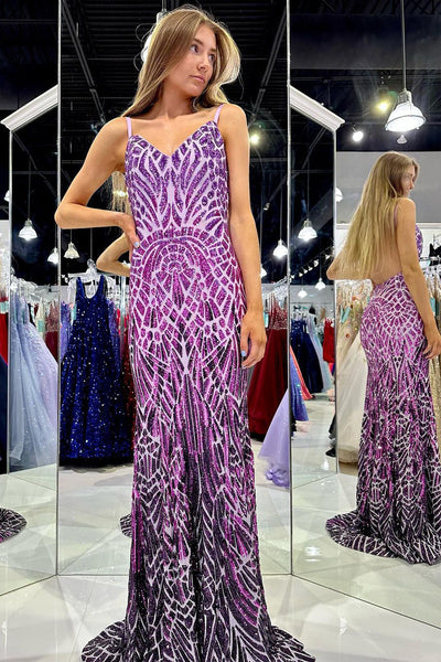 Unique Mermaid V Neck Purple Sequins Long Prom Dresses VK23101503