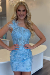 Unqiue One Shoulder Light Blue Short Homecoming Dresses with Feather VK240902604