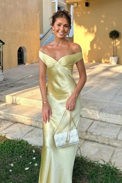 V-Neck Off-Shoulder Satin Fitted Long Party Prom Dress