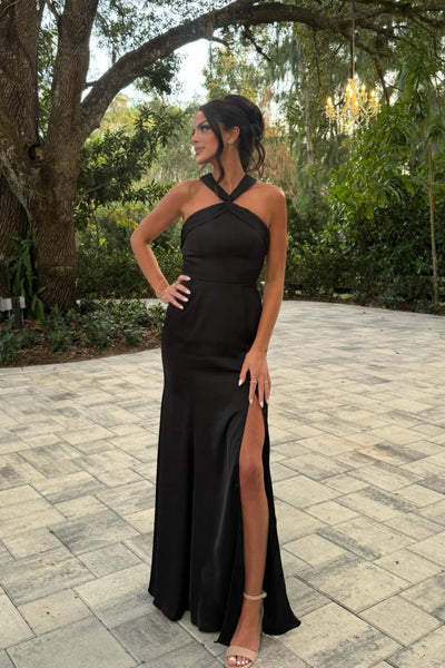 V-neck Black Twist Bridesmaid Dress with Slit