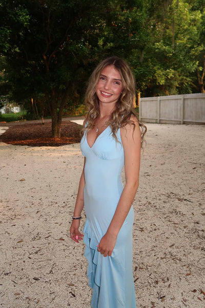 V-neck Blue Ruffle Trim Maxi Dress with Slit