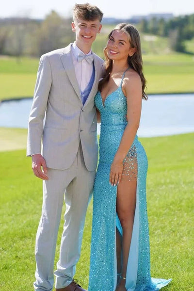 V-neck Blue Sequin Mermaid Long Dress with Slit