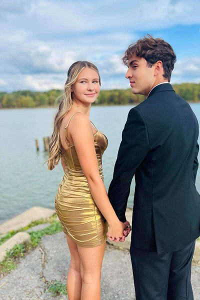 V-neck Golden Ruched Bodycon Short Dress
