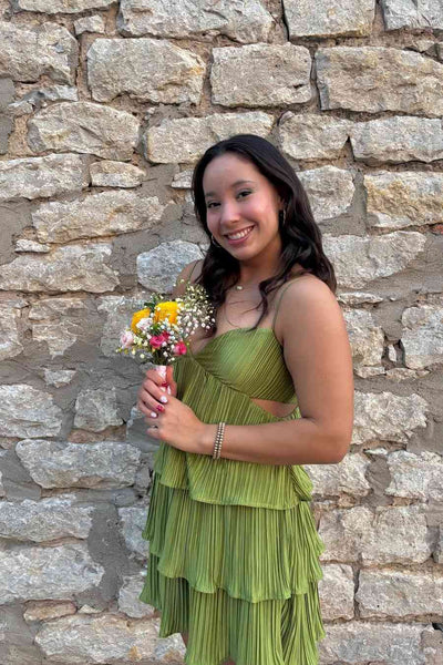 V-neck Green Tiered Short Dress with Cutout