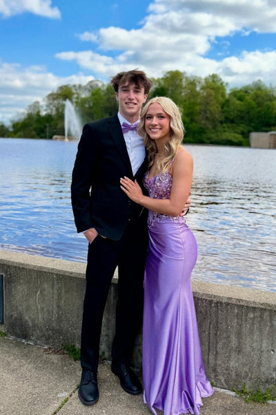 V-neck Lavender Sequin Appliques Long Dress with Slit