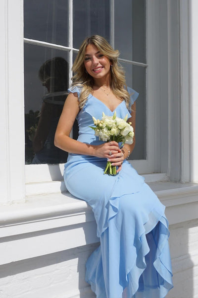V-neck Light Blue Asymmetrical Ruffled Long Dress