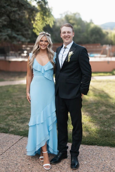 V-neck Light Blue Asymmetrical Ruffled Long Dress