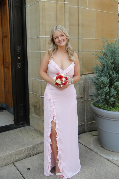 V-neck Light Pink Ruffle Hem Long Dress with Slit