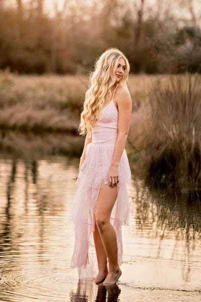 V-neck Light Pink Tiered Long Dress with Slit