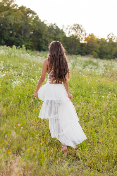 V-neck Light Pink Tiered Long Dress with Slit