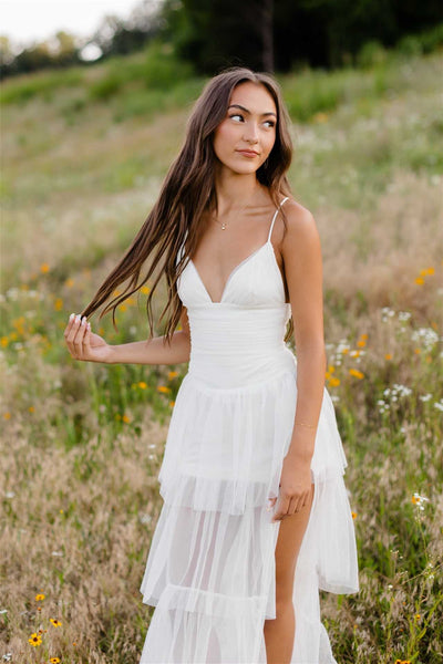 V-neck Light Pink Tiered Long Dress with Slit