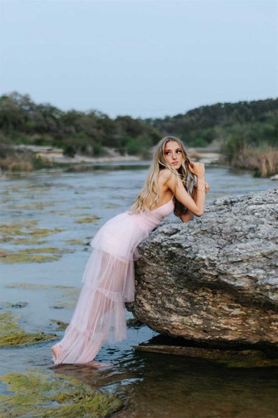 V-neck Light Pink Tiered Long Dress with Slit
