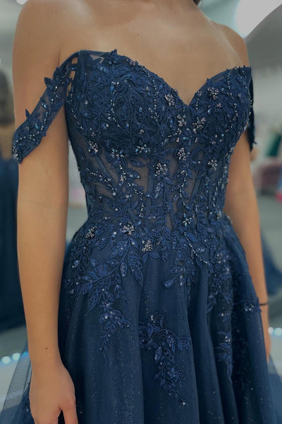 V-neck Navy Blue Appliques Sparkle Tulle Long Dress