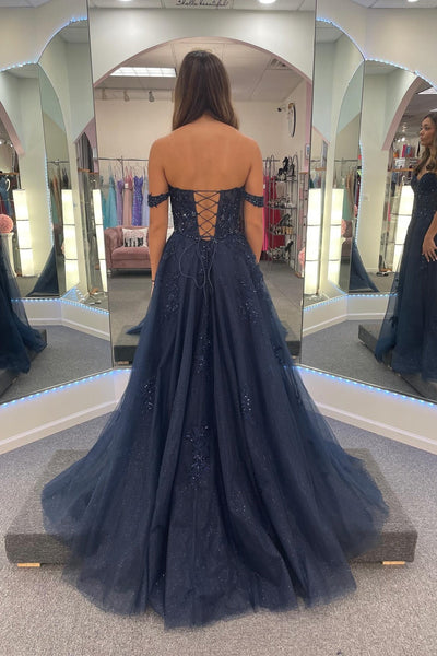 V-neck Navy Blue Appliques Sparkle Tulle Long Dress