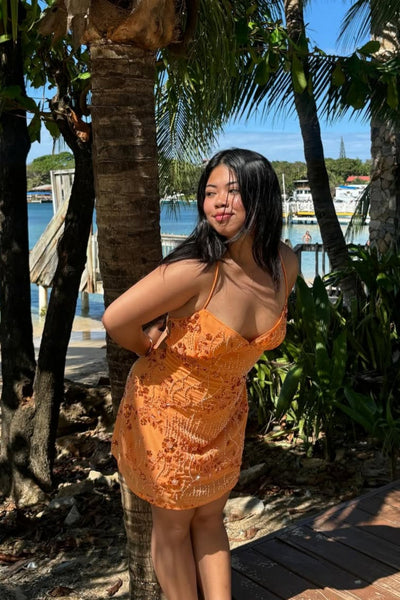 V-neck Orange Beaded Bodycon Short Dress
