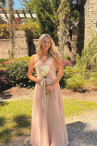 v neck long bridesmaid dresses Wedtrend Women Dark Green Bridesmaid Dress A Line V Neck Pleated Chiffon Long  Wedding Party Dress – WEDTREND main image 1