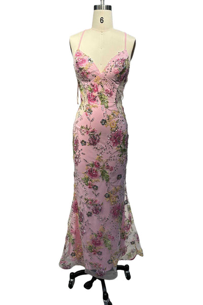 V-neck Pink Floral Sequin Mermaid Long Dress