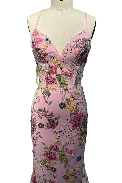 V-neck Pink Floral Sequin Mermaid Long Dress